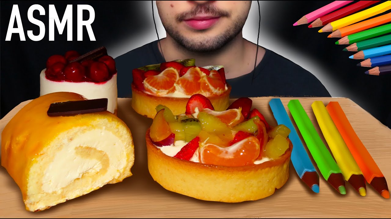 ASMR - FRUIT TARTS, CHEESECAKE, MANGO ROLL CAKE & CHOCOLATE DRAWING PENCILS mukbang 먹방