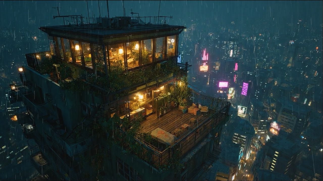 Chill Lofi Music for a Peaceful Evening on the Rooftop ~ Cozy Tokyo Rainy Space ~ Calming the Mind