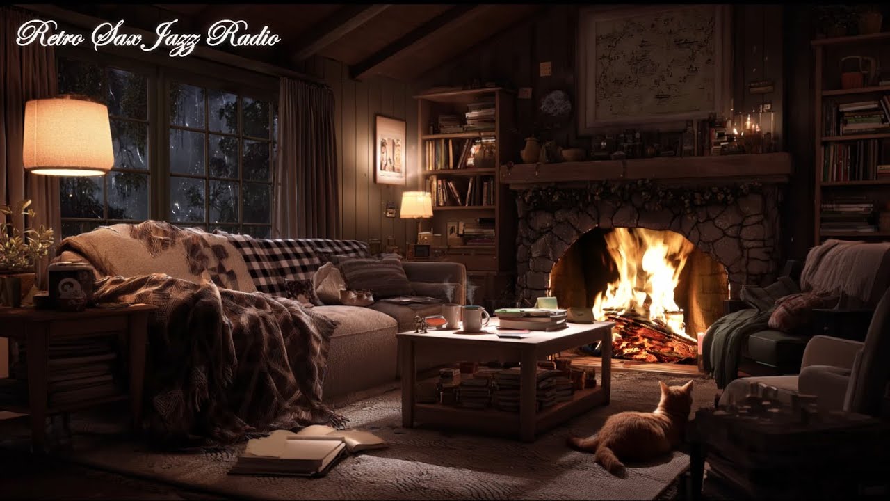Cozy Fireplace Living Room |Rainy Sax Jazz Ambience |Relaxing Music for Sleep, Study & Stress Relief