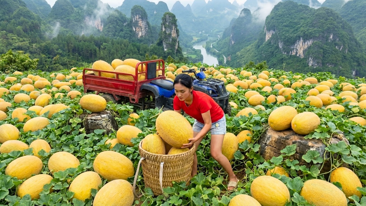 Harvesting 1000kg of Melons on the Mountain – A Strong Girl Transports Them to the Market to Sell