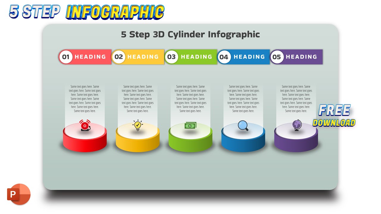 88.Infographic PowerPoint - 5 Step 3D Cylinder presentation Design | Free download