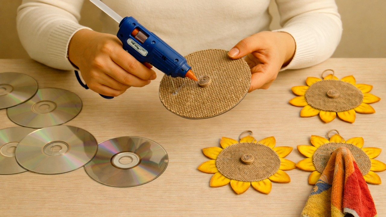 Don't Throw Away Your Old CDs! Make a Beautiful Sunflower Towel Hanger 🌻 | Easy DIY Recycled Craft