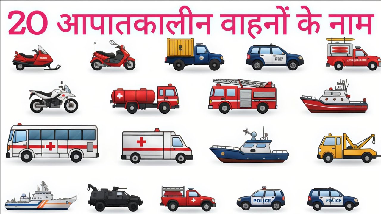 20 Safety Vehicles Names | Learn for Children | English and Hindi with Cool Facts 