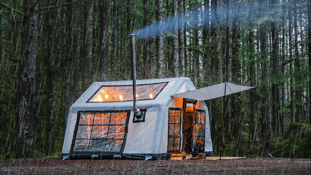 Ep. 17: Cozy Winter Camping in the Rain with Inflatable Tent and Wood Stove [ASMR, Heating Pad]