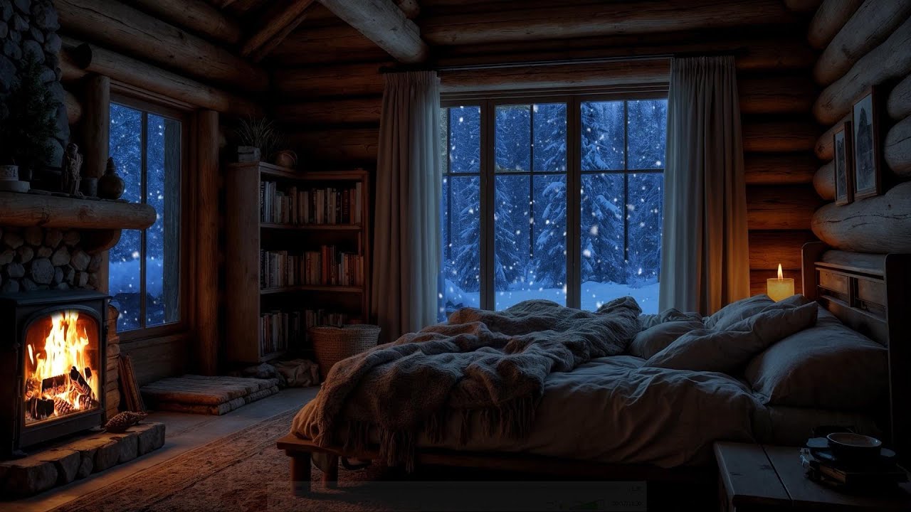 Cozy Winter Cabin | 🔥 Crackling Fireplace & ❄️ Peaceful Snowy Forest View