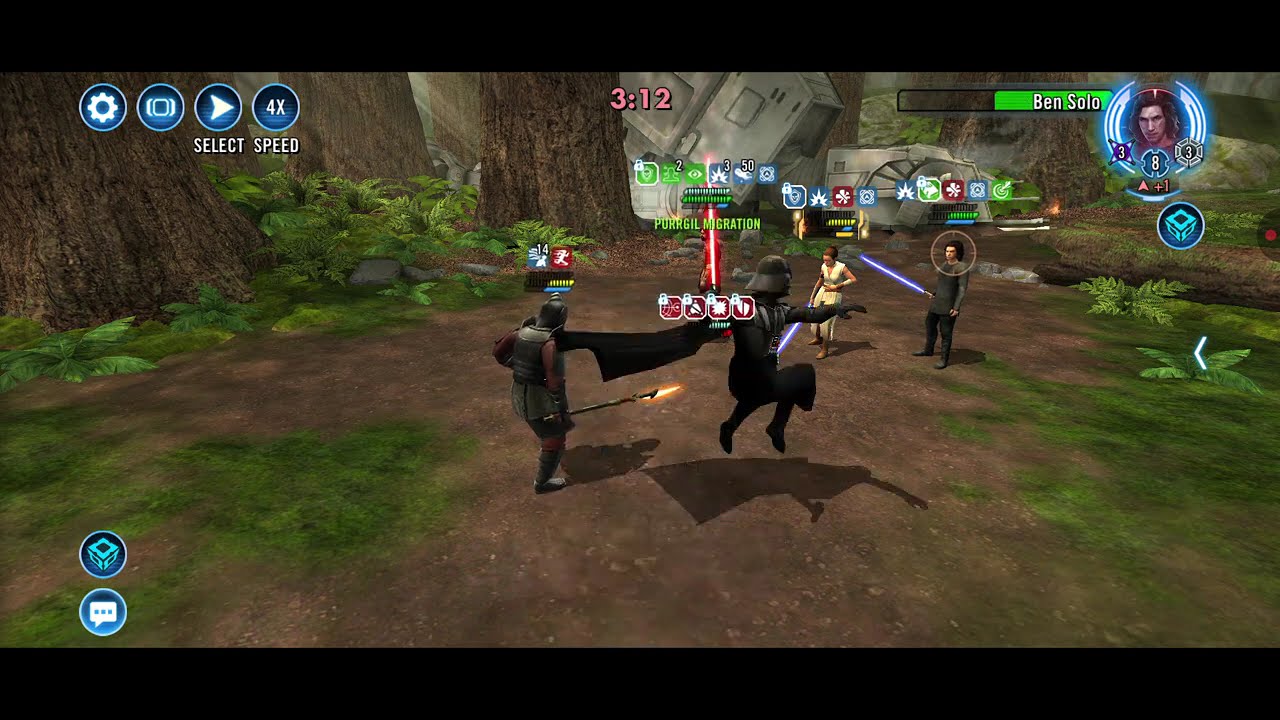 [3v3] Bane/DV (L9 Vader, 2% stacking O, 70% health) vs. Rey/Ben/Ezra (wordy attacker): 56 banners