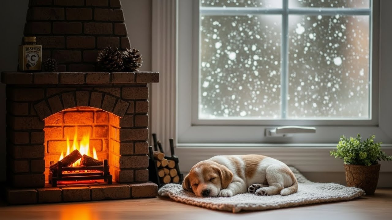 Cozy Fireplace Ambience🔥 | Sleeping Dog & Falling Snow🐶❄️