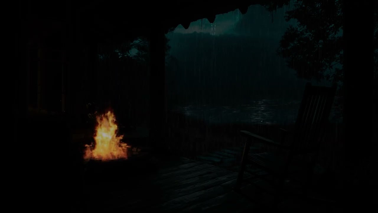 Cozy Porch Heavy Rain & Gentle Thunder | Campfire Crackling Glow for Deep Sleep – 3 Hours No Ads