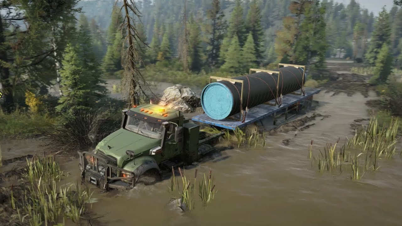 SnowRunner - Getting Stuck in the Deep Mud - MACK Defense M917 - Transporting a Heavy Large Pipe