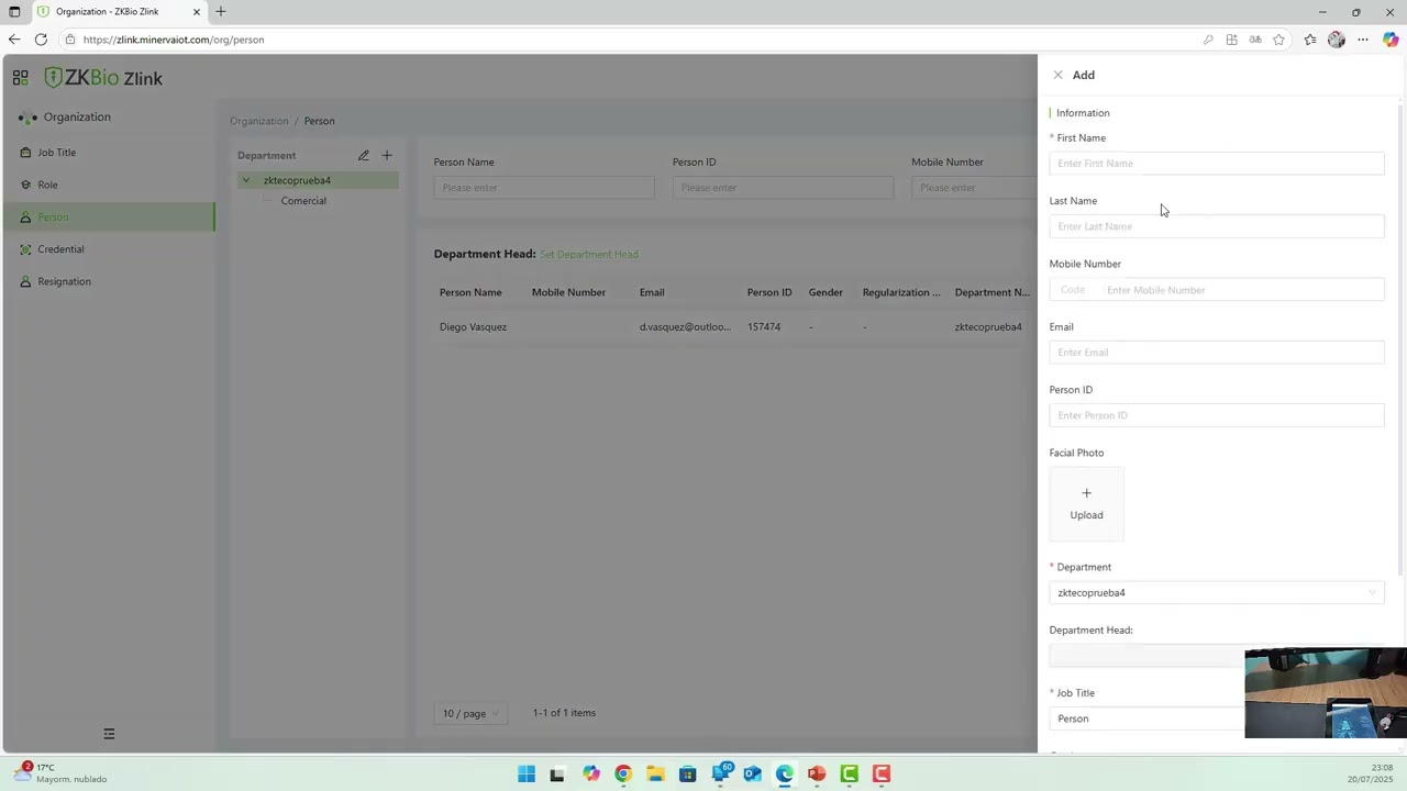 ZKBio ZLink - 04. Agregar departamentos y personas al Biométrico | TOP SECURITY PERÚ