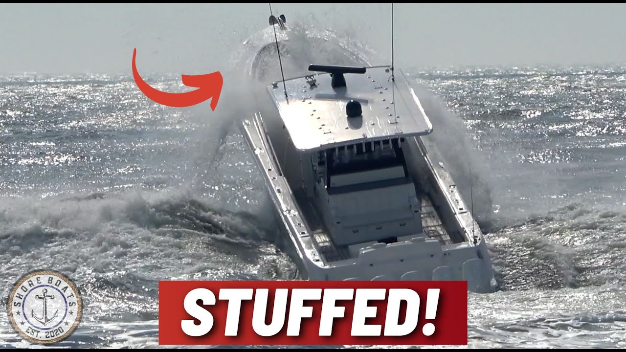 53' HCB SUENOS STUFFS THE BOW ON BIG WAVE! Manasquan Inlet Gets Nasty!