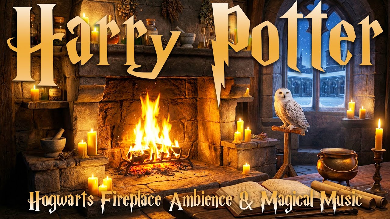 Hogwarts Fireplace Ambience 🔥 Winter Snow Beyond the Castle Windows | Harry Potter Music