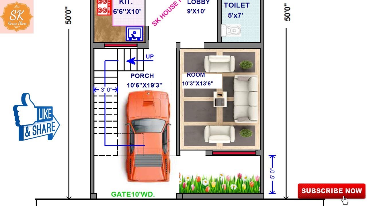 HOUSE PLAN 22' X 50’ / 1100 SQ.FT / 122 SQ.YDS / 102 SQ.M / 122 GAJ / WITH INTERIOR / (4K)