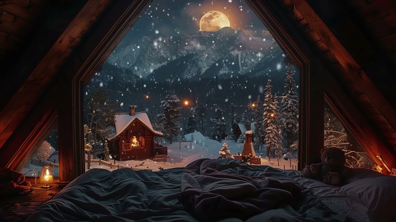 Warm Indoor Winter ASMR: Snowy Window View with Gentle Wind and Fire Sounds for Deep Sleep
