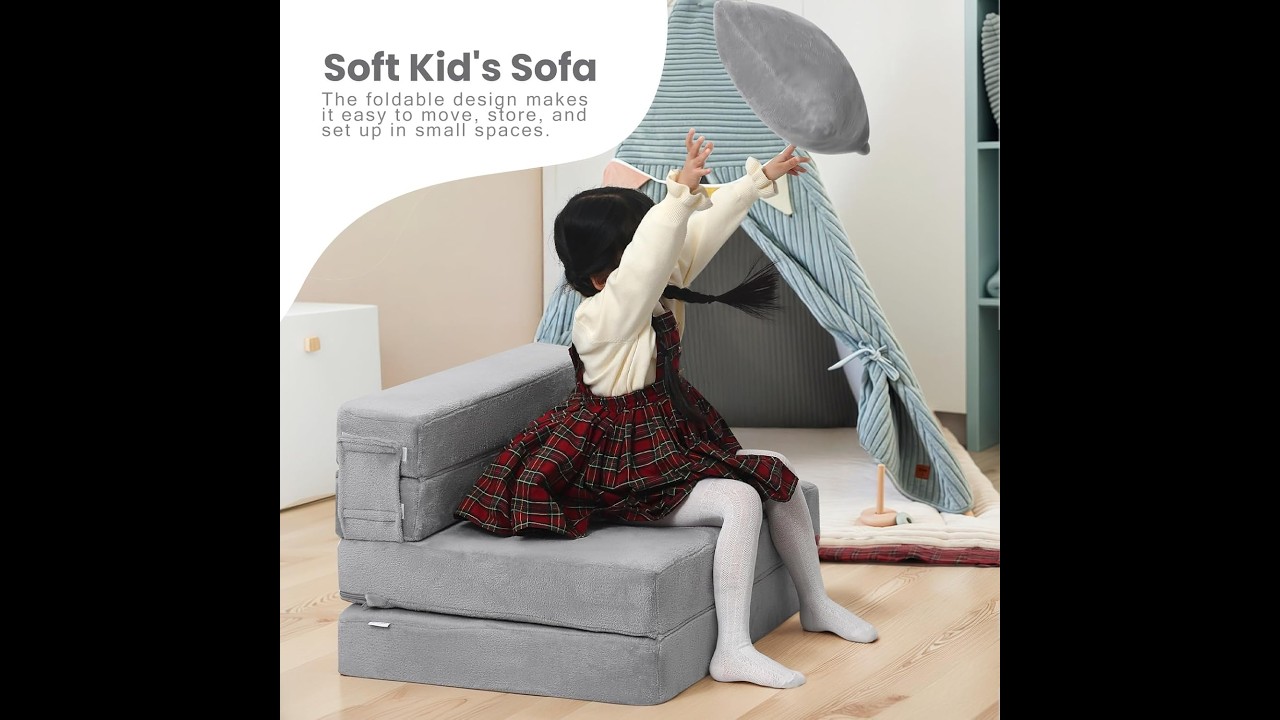 MeMoreCool Foldable Futon Chair Bed for Kids, Grey Tri fold Convertible Toddler Sofa Mattress