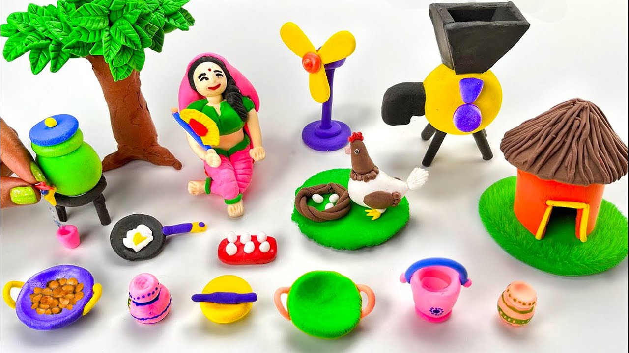 DIY How to make polymer clay miniature Village House, Kitchen Set, flour mill, table fan, doll