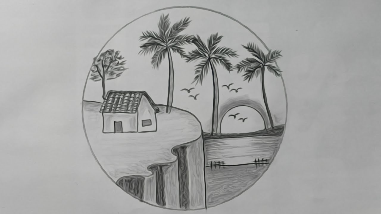 Easy Drawing of Landscape scenery - How to Draw Landscape  Birds and tree Step by Step 