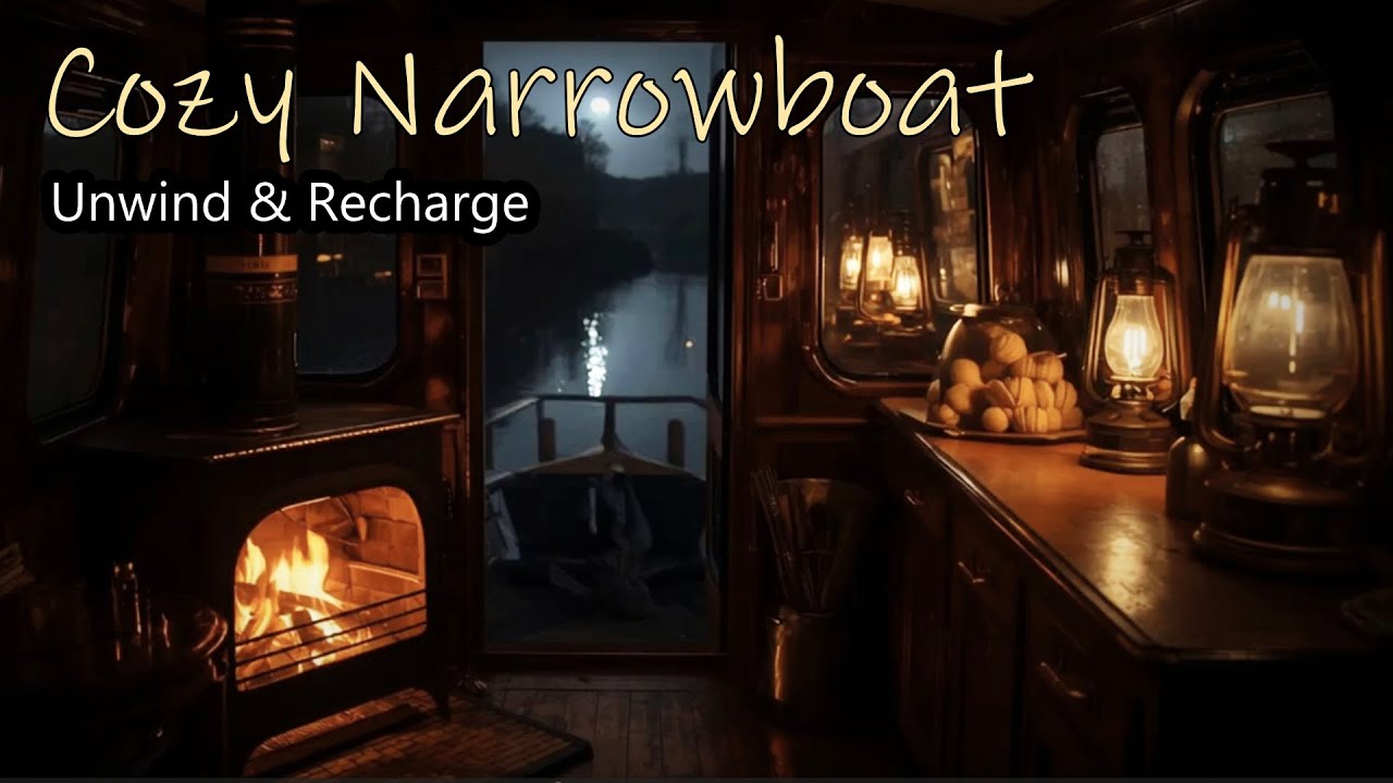 Narrowboat Ambience for Sleep | Warm Fire & Gentle Lapping Water Sounds (12 Hours)