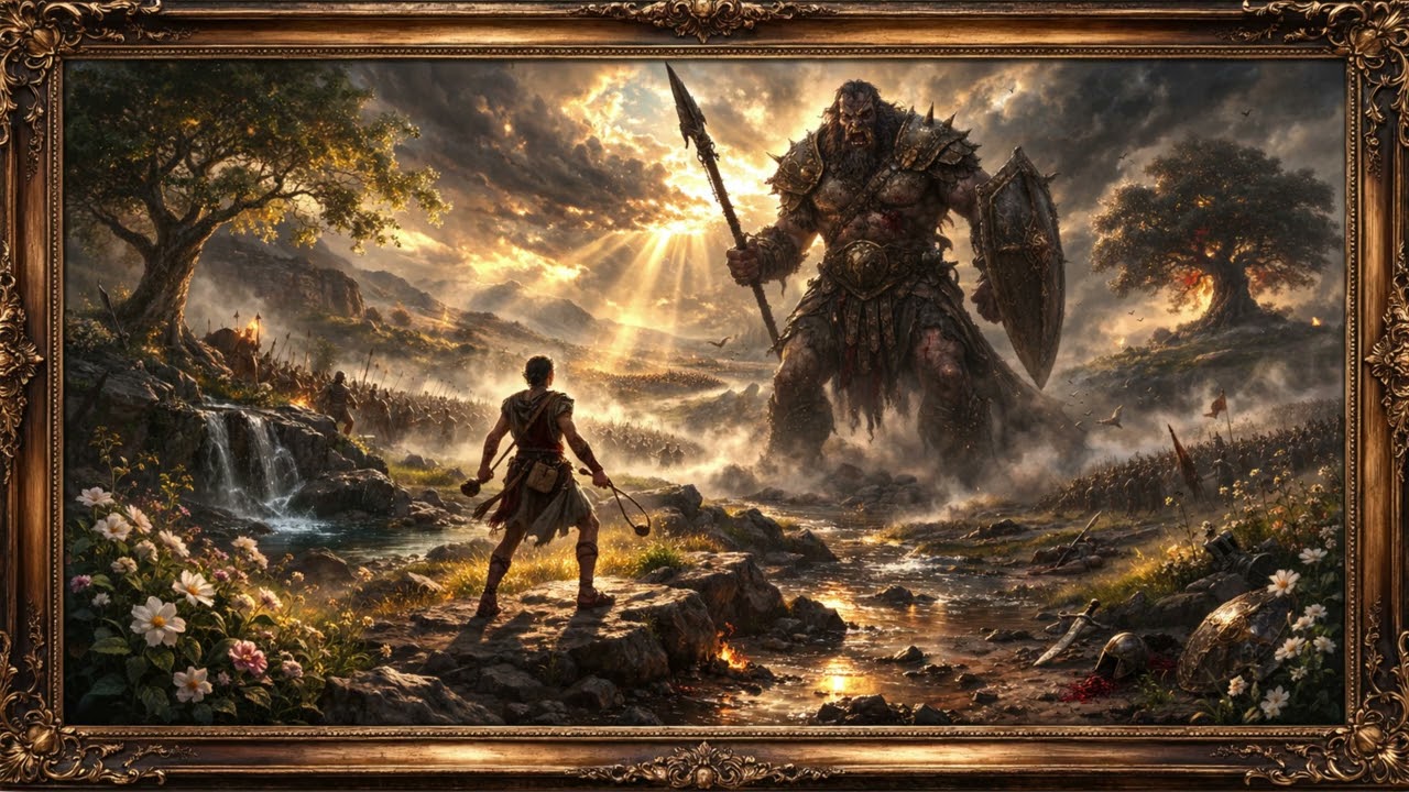 David and Goliath Victory Powerful Christian 4K Gold Frame TV Art Decor Screensaver