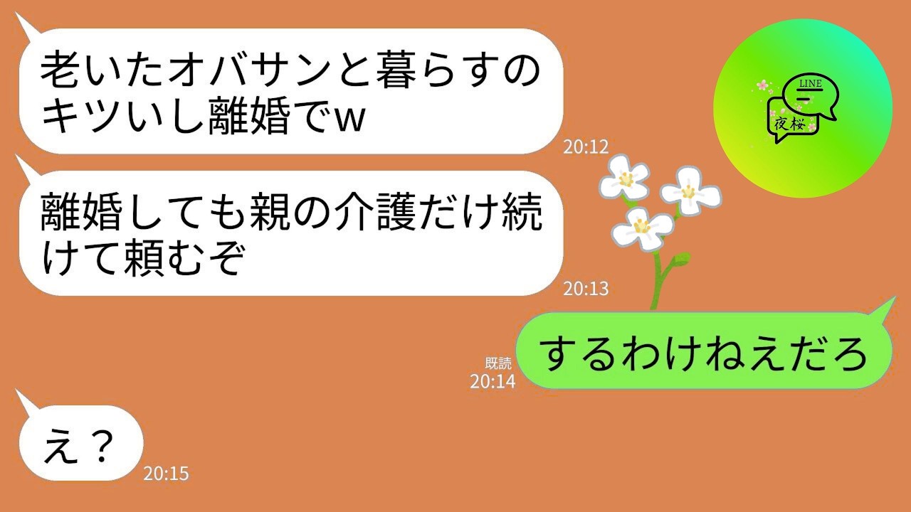 【LINE】15年間義両親の介護を続けた私に離婚要求する夫「老いたオバサンと暮らすのキツいw離婚しても親の介護だけ続けて頼む」→速攻で離婚届けを提出し永遠に無視した結果ｗww
