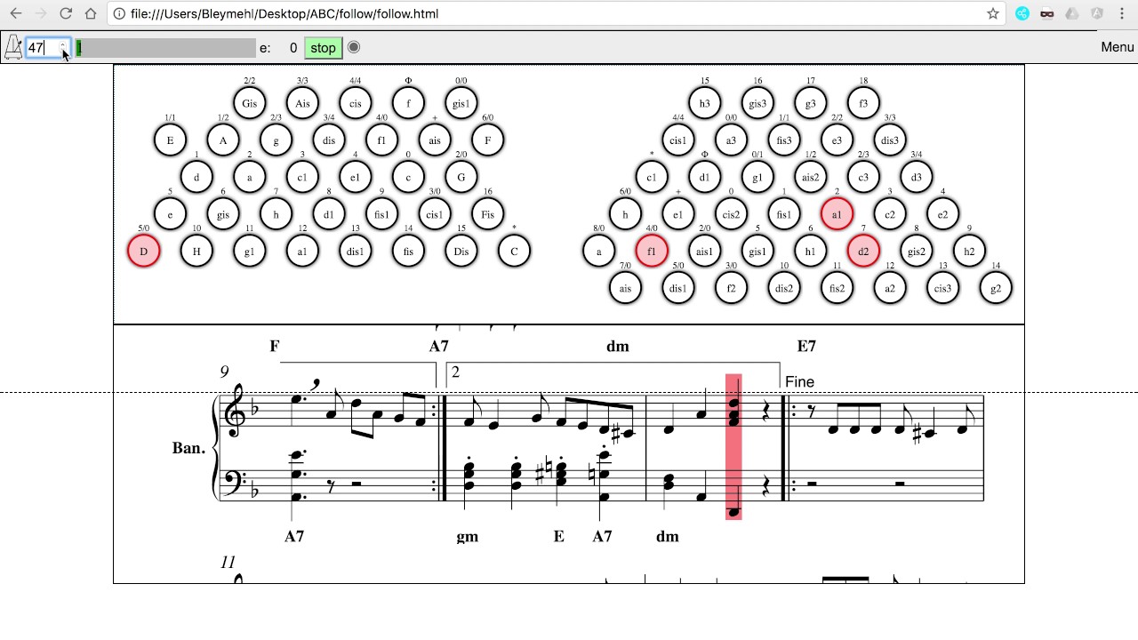 Showing keys on bandoneon parallel to playing scores in browser