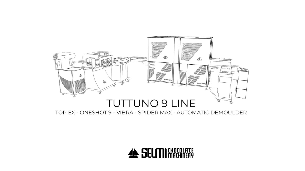 AUTOMATIC ONESHOT TUTTUNO9 CHOCOLATE PRODUCTION LINE WITH SPIDERMAX DOUBLE COOLING TUNNEL +DEMOULDER
