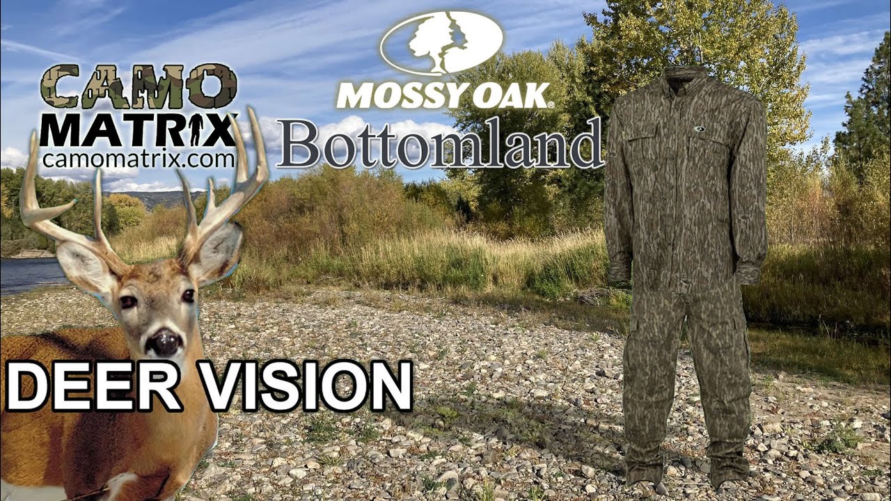 See Mossy Oak Bottomland hunting camo in Human and Deer Vision on 14 Backgrounds