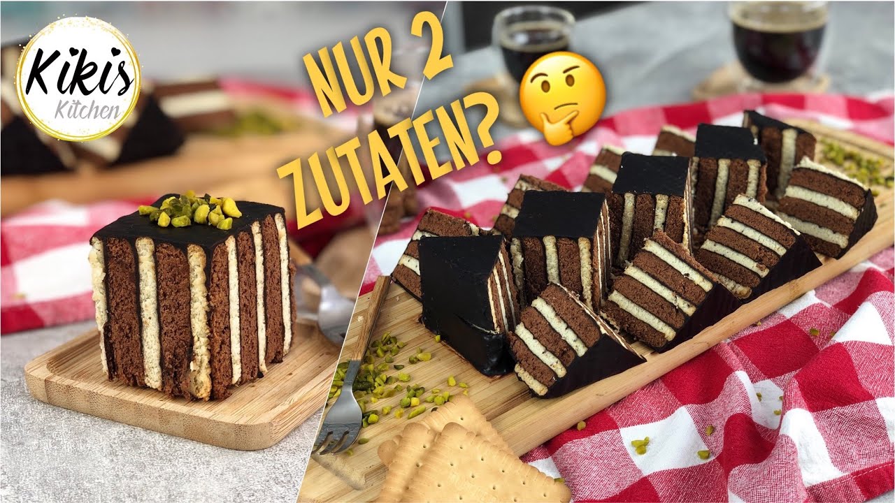 Schneller Kuchen aus nur 2 Zutaten - Das geht wirklich! Pudding-Kekskuchen mit Streifen