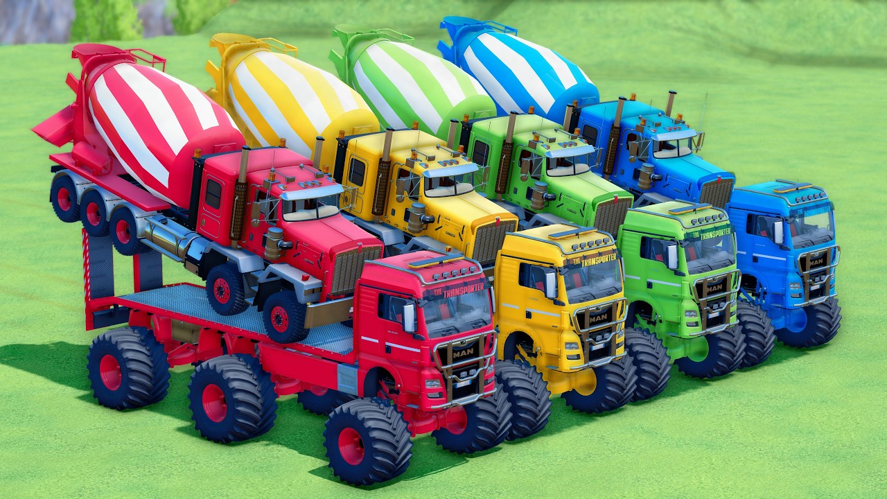 MONSTER FLATBED TRUCK LONG CONVOY TRANSPORT OF COLORS! ALL MIXER TRUCKS, VOLVO, MAN, KENWORTH - FS25