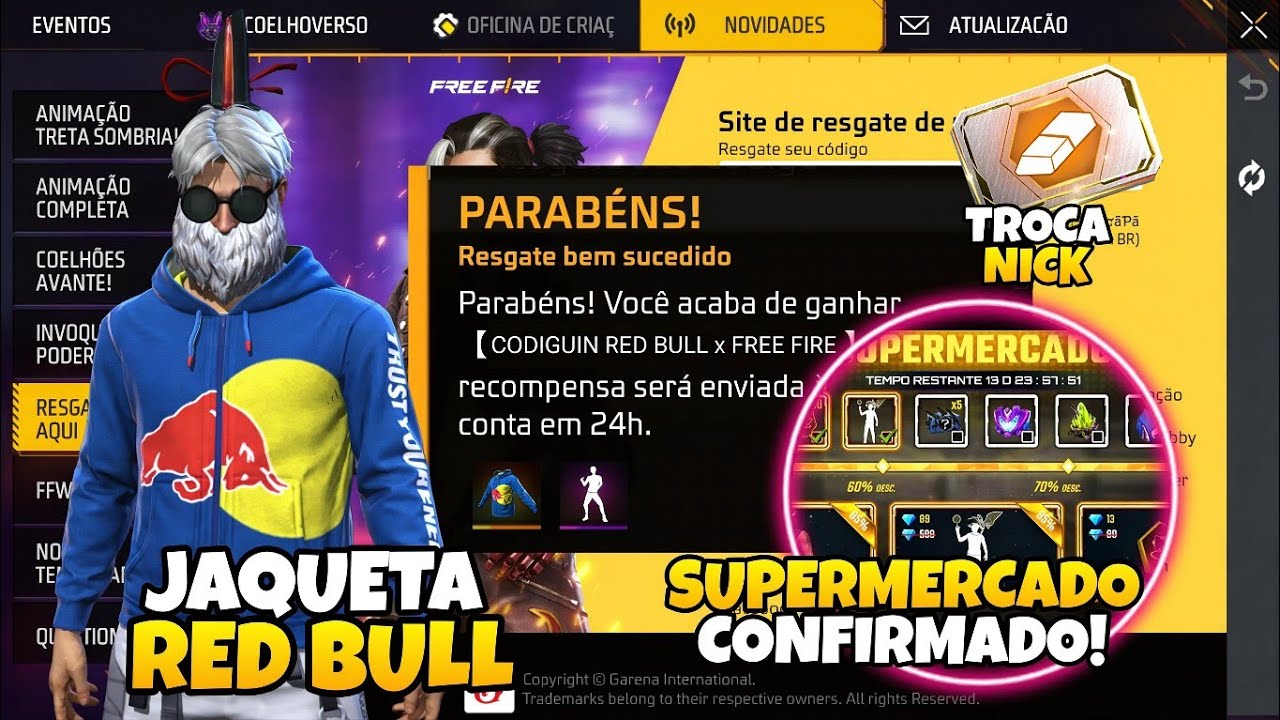 CORREE!! CODIGUIN RED BULL, EMOTE DE GRAÇA E SUPERMERCADO CHEGANDO NO FREE FIRE