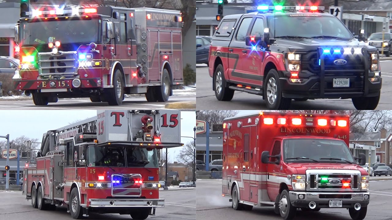 Lincolnwood IL Fire Dept  Battalion 15, Engine 15, Tower 15, & Ambulance 45 Responding