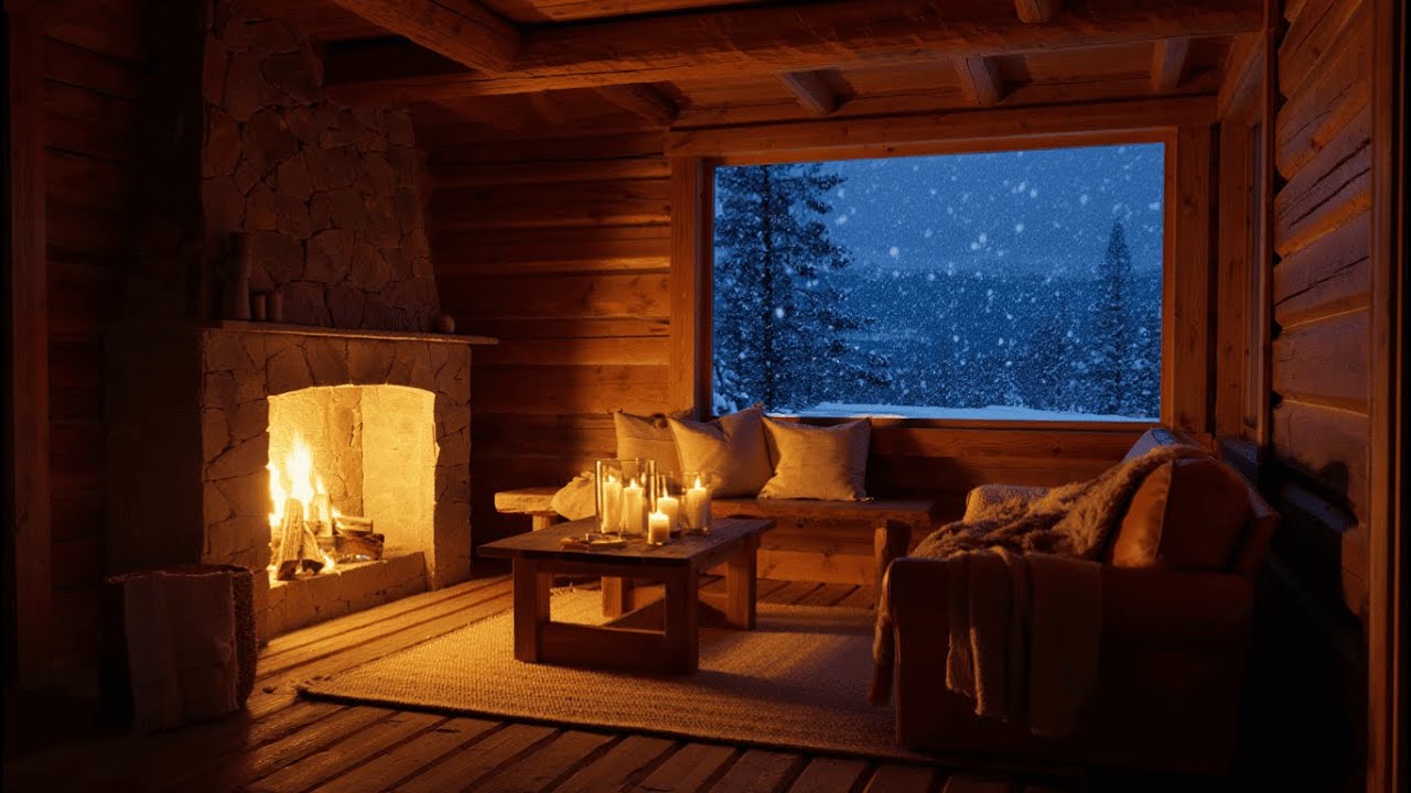Cozy Mountain Cabin by the Fireplace in Falling Snow