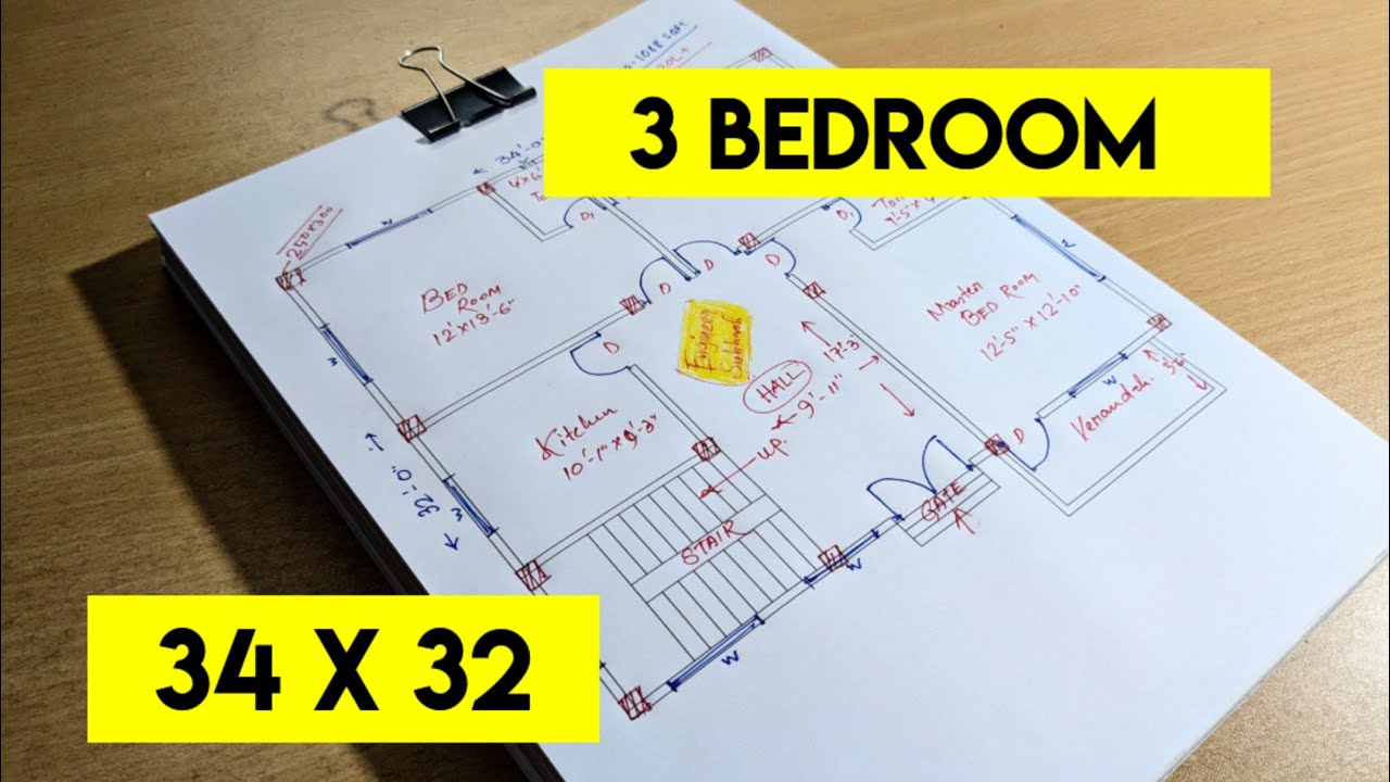 34 x 32 civil engineering drawing by engineer subhash II best 3 bedroom house plan