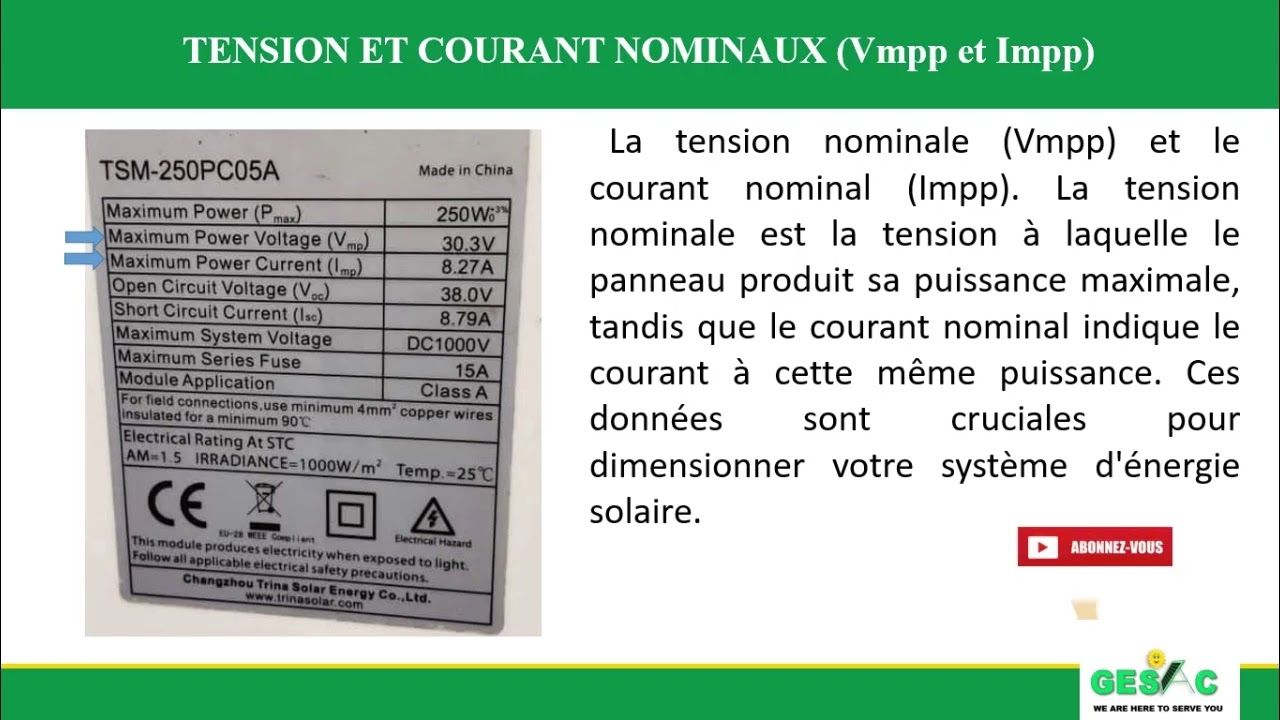 plaque signalétique d'un Panneaux solaires: Quel tension et quel intensité choisir pour le calcul