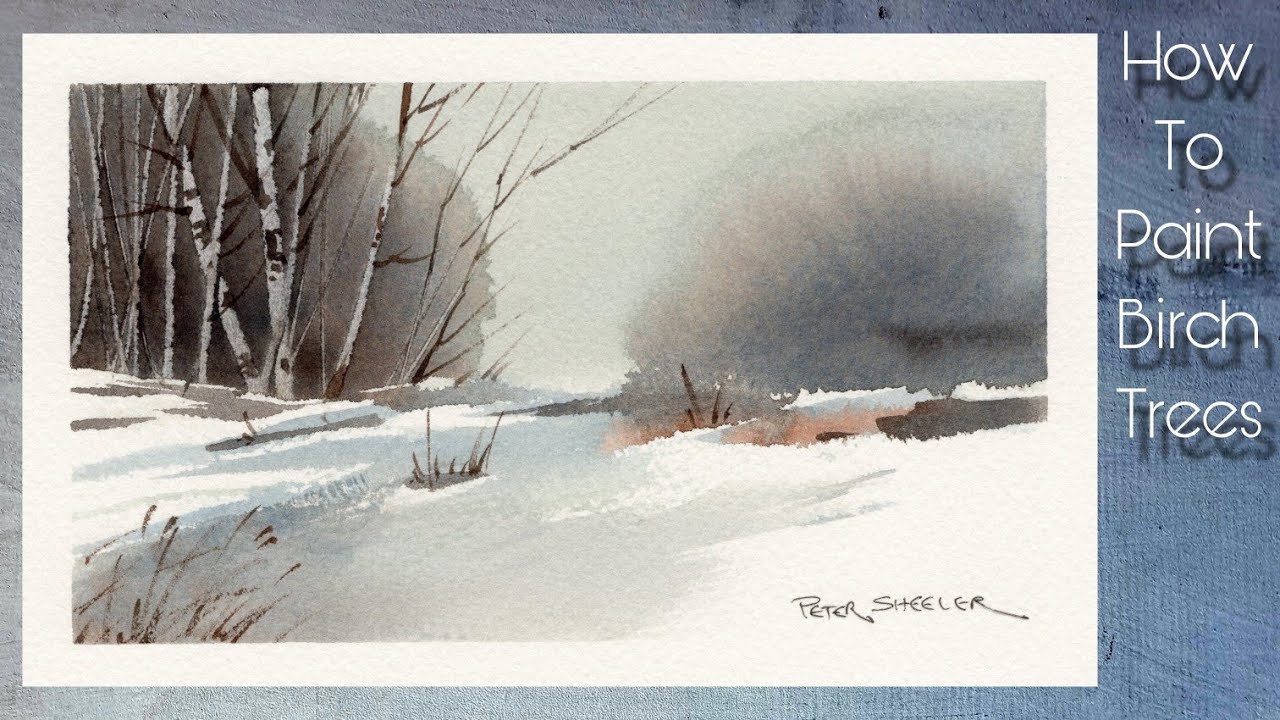 Very simple and fun beginner watercolor demonstration Wet into wet Birch Trees winter. Peter Sheeler