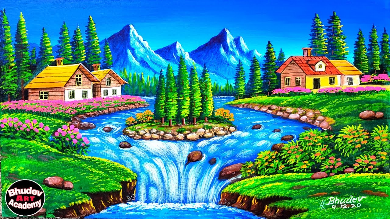 Beautiful Mountain Indian Village Scenery With Waterfalls|Mountain Waterfalls Scenery Painting