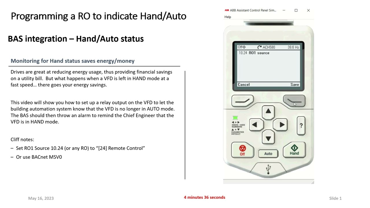 Video ACH580 Programming a Relay Output (RO) for Hand/Auto status