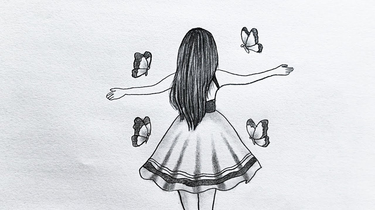 Как нарисовать девочку с бабочкой - простой рисунок || Эскиз карандашом для начинающих || Рисован...