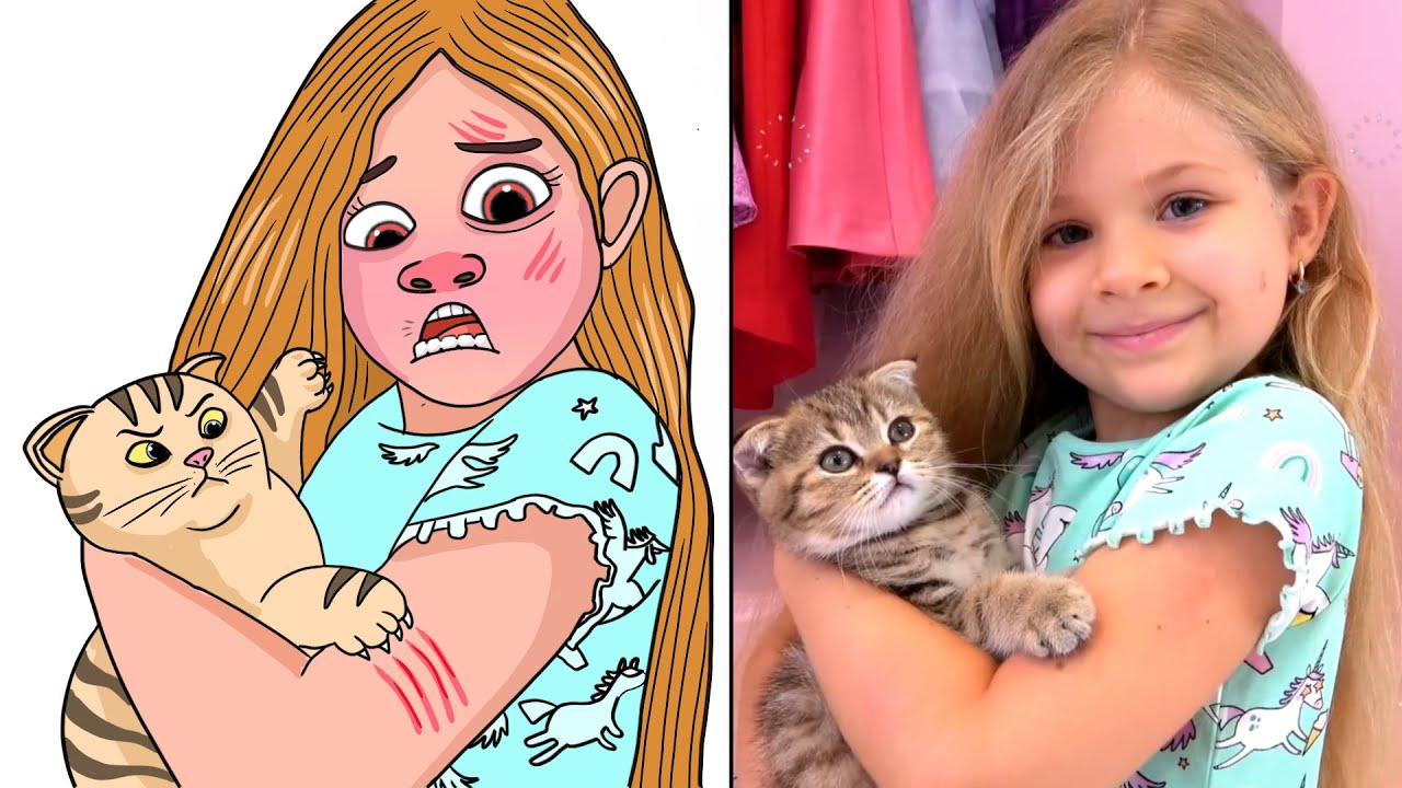 Diana and Roma Take care of the kitten - funny cartoon drawing meme  | 😂