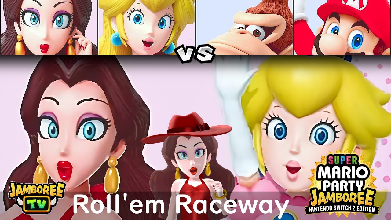 Super Mario Party Jamboree TV Pauline and Peach vs Donkey Kong and Mario in Roll'em Raceway