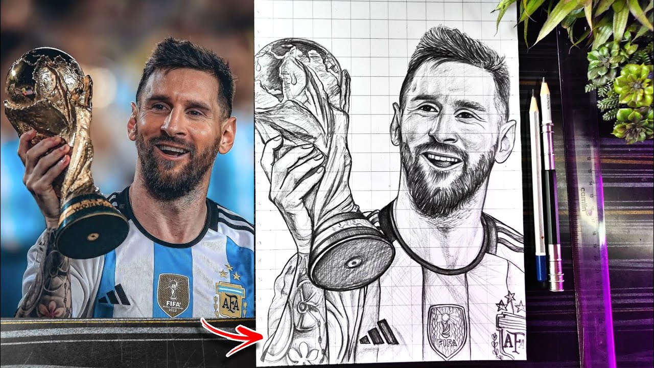 Lionel Messi Drawing With FIFA World Cup Trophy 🏆🇦🇷, How To Draw Messi, Step By Step Tutorial