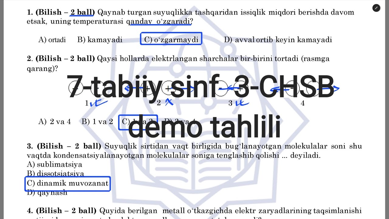 7-tabiiy sinf  Fizika CHSB demo tahlili 3-chorak