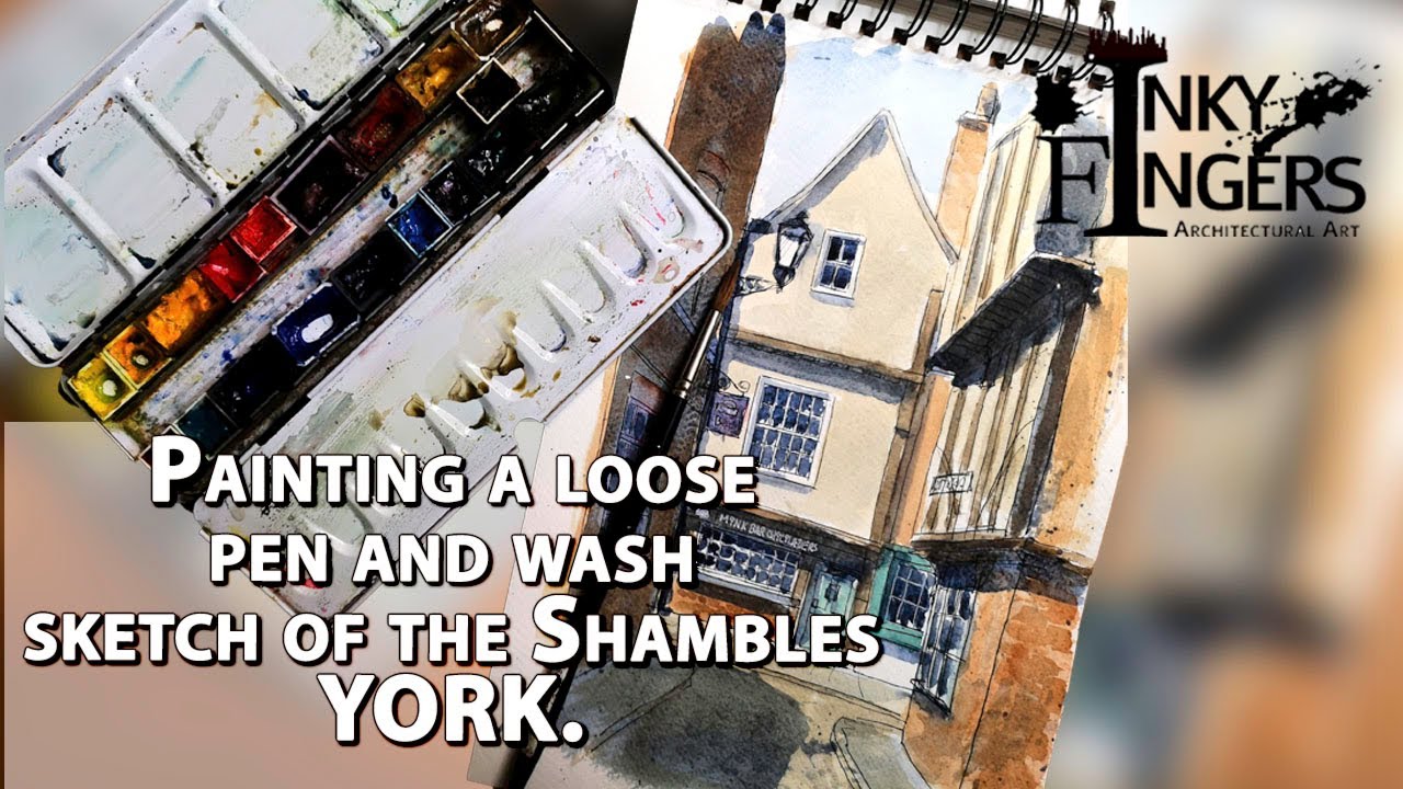 Painting a loose pen and wash sketch of the Shambles in YORK. UK