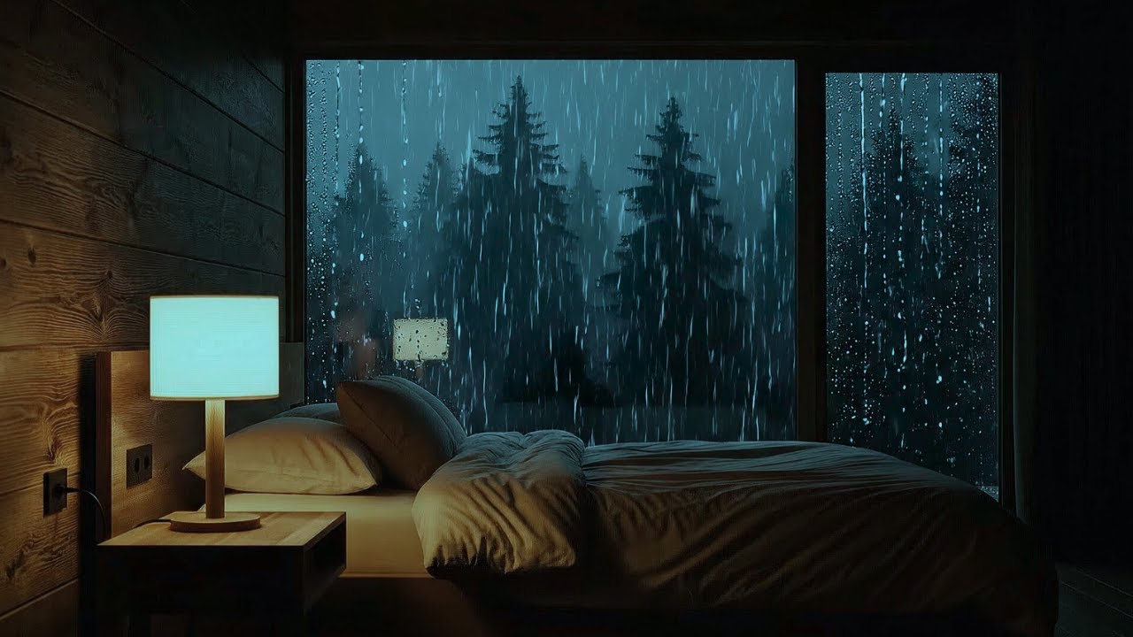 Cozy Cabin in Rainy Forest Night with Calm Piano | Relax, Focus, Study, Deep Sleep Music