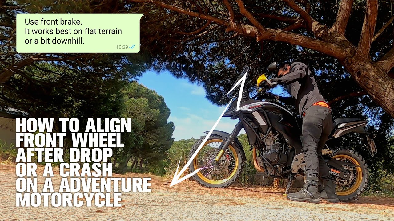 Adventure motorcycle: Simple way to align your front wheel after a drop or a crash.