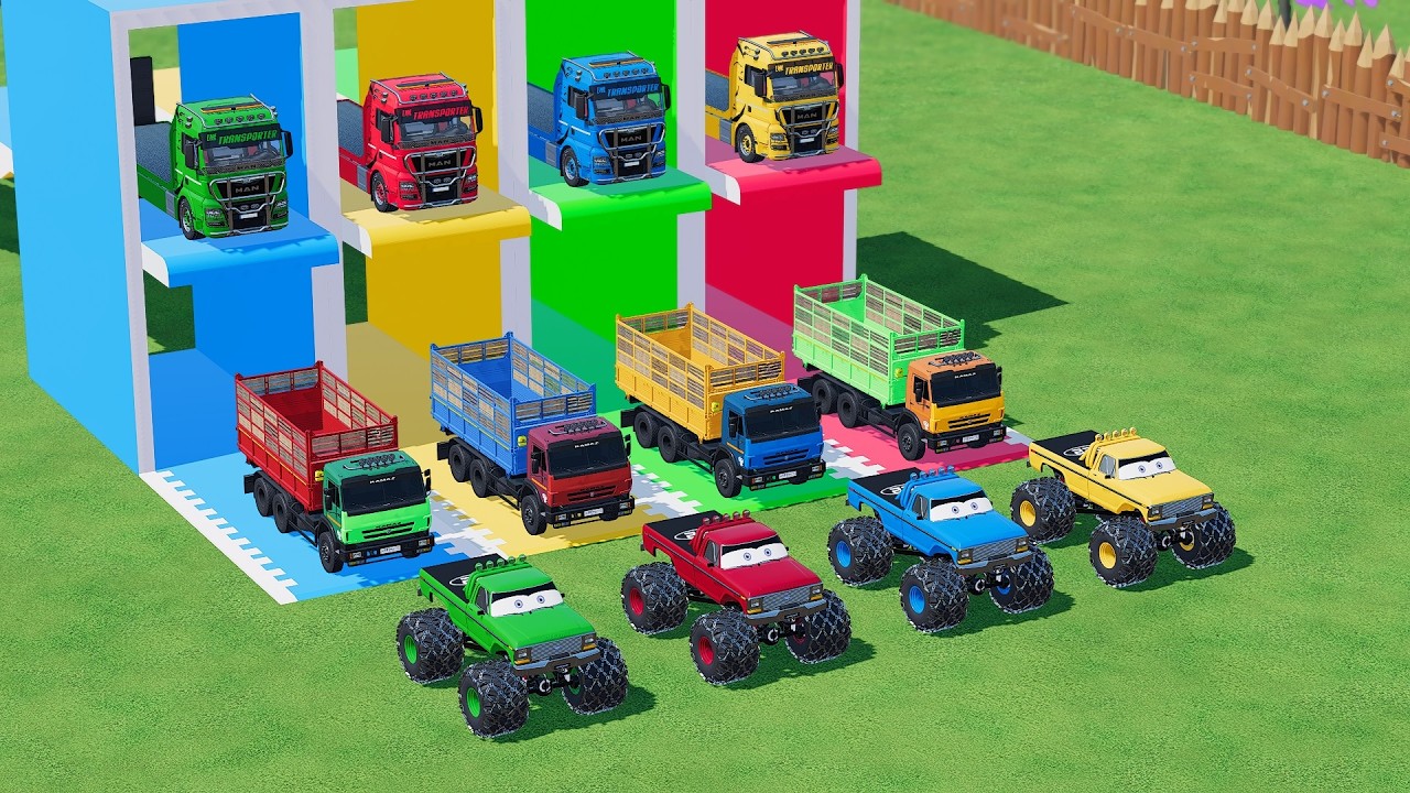 Garage with Colors - ALL MIXER TRUCK WITH DOUBLE FLATBED TRAILER TRUCK, MAN, KAMAZ, HINO - FS22