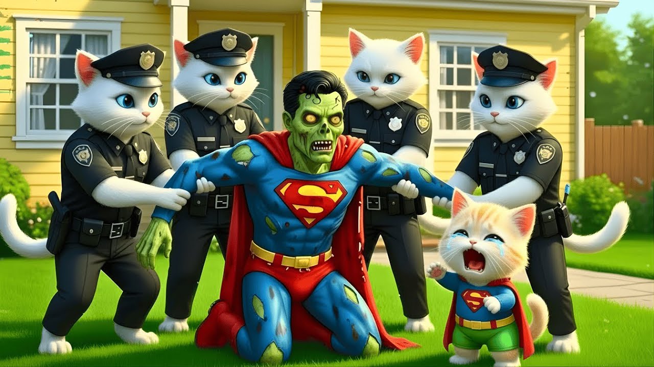 😱 OMG 🧟 Zombie Superman Sneaks In ⚡ Little Kitten Gets Scared As Police Arrive! | AI Cat Story