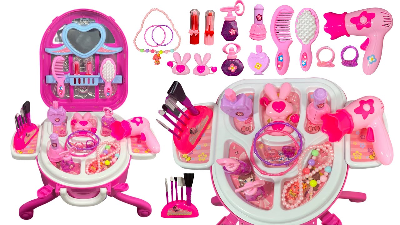 Super cute pink beauty set toy unboxing, makeup toys, dresser ASMR