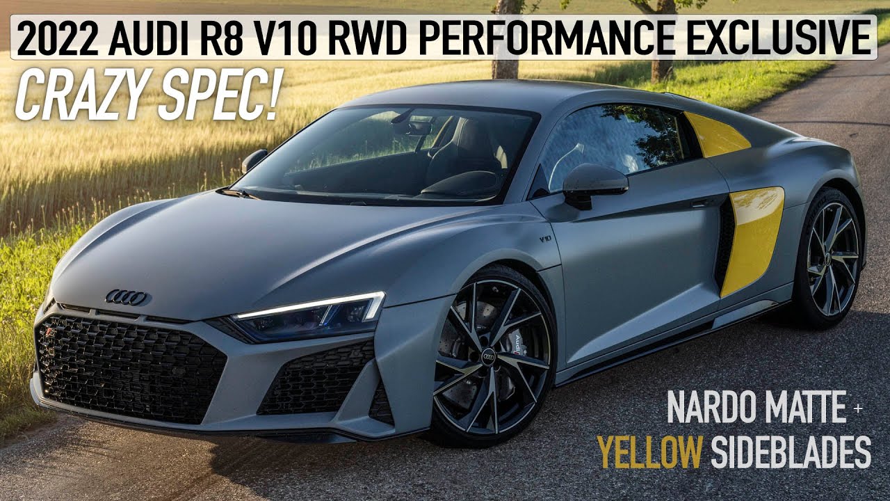 UNIQUE SPEC! 2022 AUDI R8 V10 RWD PERFORMANCE - NARDO MATTE GREY + YELLOW SIDEBLADES In full detail