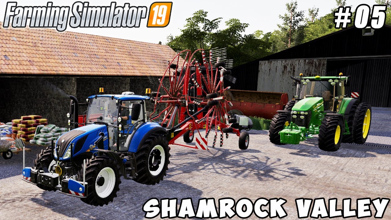 Spreading fertilizer & herbicide, mowing & raking grass | Shamrock valley Farming | FS 19 | ep #05